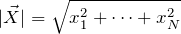 \begin{equation*} |\vec{X}| = \sqrt{x_1^2 + \cdots + x_N^2} \end{equation*}